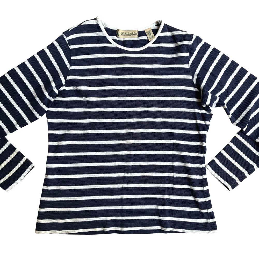 Vintage Marsh Landing Nautical Long Sleeve Top Striped Blue Coastal Maine Medium